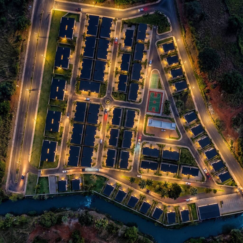 Emily Ville Estate at night, with every road lit